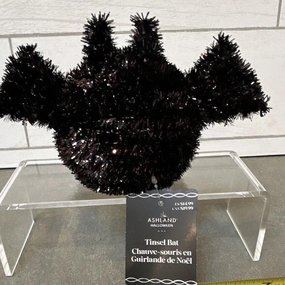 Ashland Halloween Black Tinsel Sitting Cat & Bat Decor w/ Faux Straw Bale